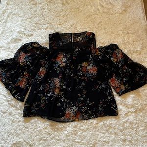 Navy Blue Floral Cold Shoulder Top Size L